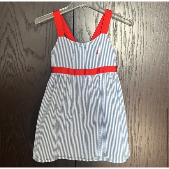 girls seersucker blue/white striped dress w/ red ribbon strap sz 6 EUC - Picture 4 of 6